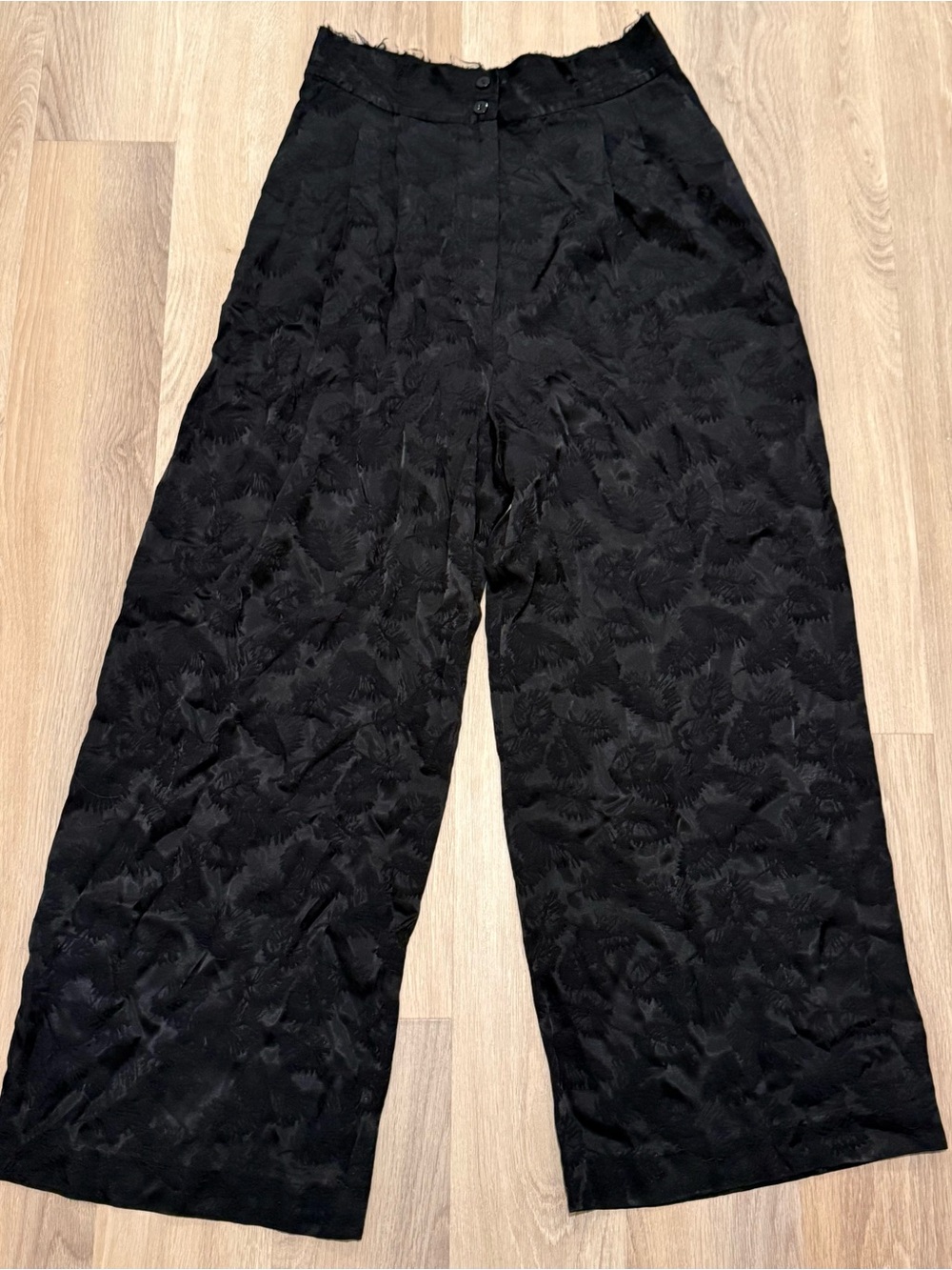Zara Black Jacquard Wide Leg Pants large L Floral Satin High Waist Trousers
